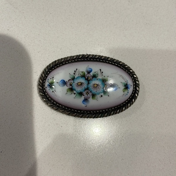 Vintage Russian Porcelain Hand Painted Flower Silver Filigree-Pendant & Brooch - Picture 8 of 8